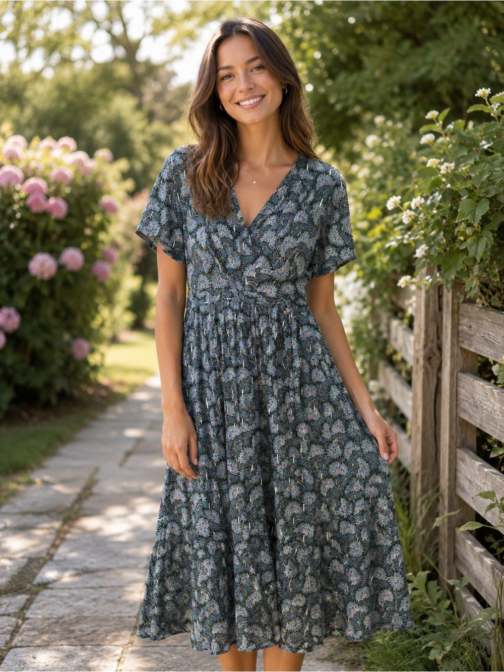 Teal Floral Wrap-Style Midi Dress with Smocked Waist